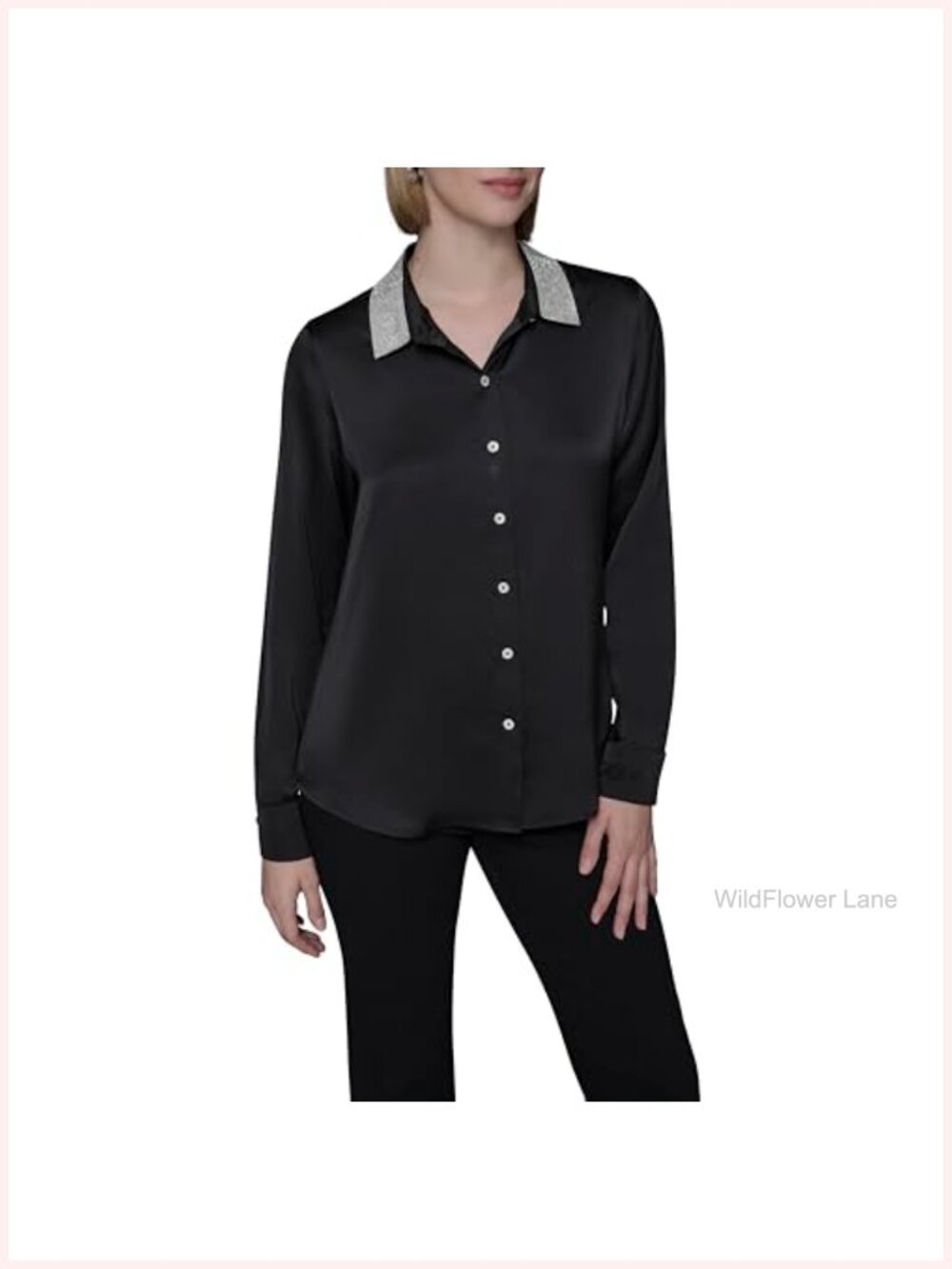 Long Sleeve Collared Neck Crystal Collar Button Down Blouse